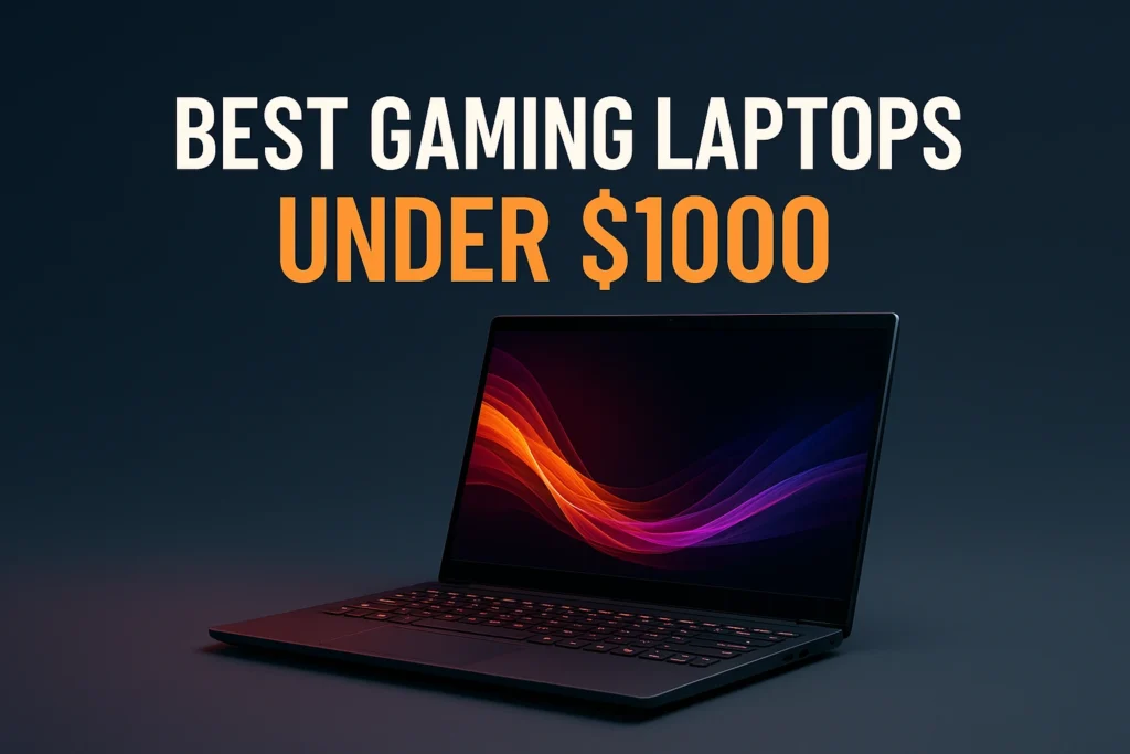 Sleek gaming laptop with RGB lighting showcasing the featured graphic for Best Gaming Laptops Under $1000.