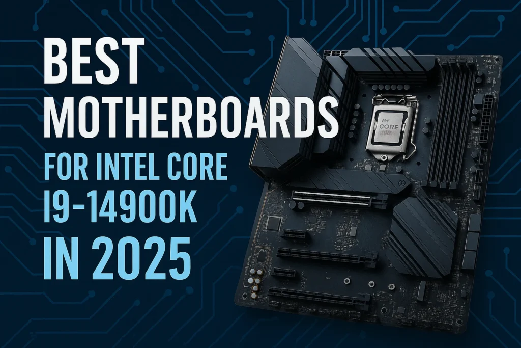 Close-up digital illustration of a high-end motherboard with the text “Best Motherboards for Intel Core i9-14900K in 2025” on a tech circuit background