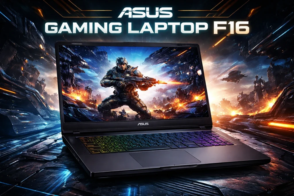 ASUS TUF Gaming F16 – High-Performance 16-Inch Gaming Laptop for Hardcore Gamers ASUS Gaming Laptop F16 with RGB keyboard and immersive gaming display showing futuristic shooter gameplay