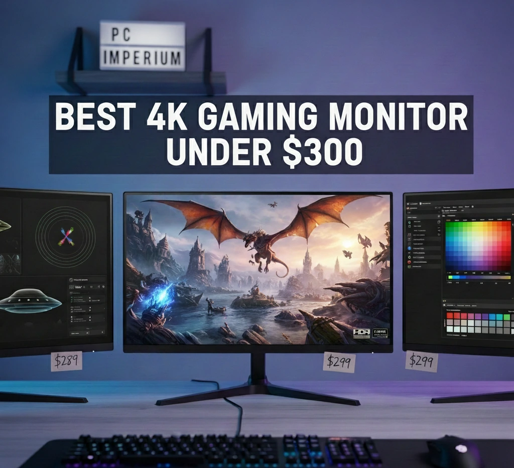 Best 4K Gaming Monitor under $300 Comparison of the best 4K gaming monitors under $300 featuring three high-resolution displays on a professional PC Imperium desk setup with RGB lighting.