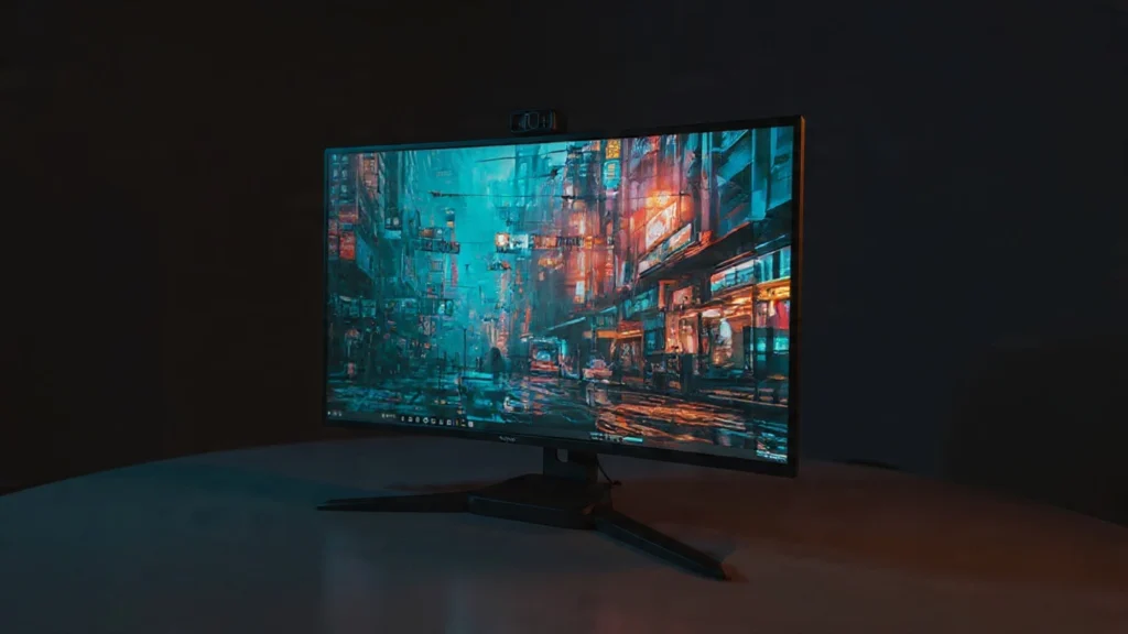 Best Gaming monitor under $200 A high-performance gaming monitor displaying a fast-paced space scene on a sleek desk with a glowing blue keyboard and mouse, labeled "Under $200."