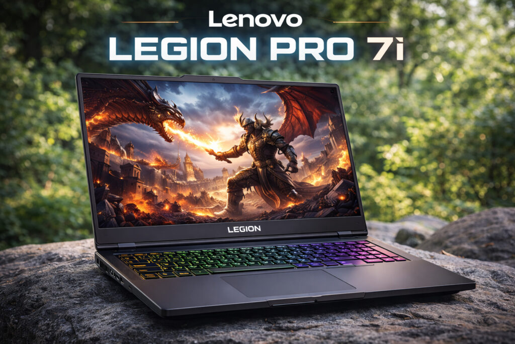 Lenovo Legion Pro 7i gaming laptop with RGB backlit keyboard and immersive 16-inch display showing fantasy dragon battle gameplay in a natural outdoor background
