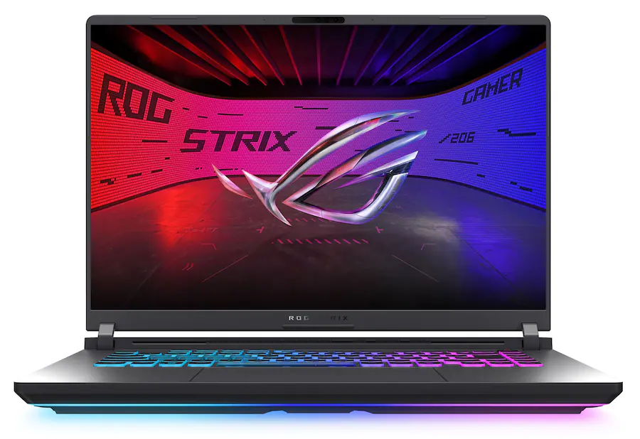 asus rog strix g16 review core ultra 9 Asus ROG Strix G16 gaming laptop in Eclipse Gray featuring the Intel Core Ultra 9 275HX processor and an RGB backlit keyboard.